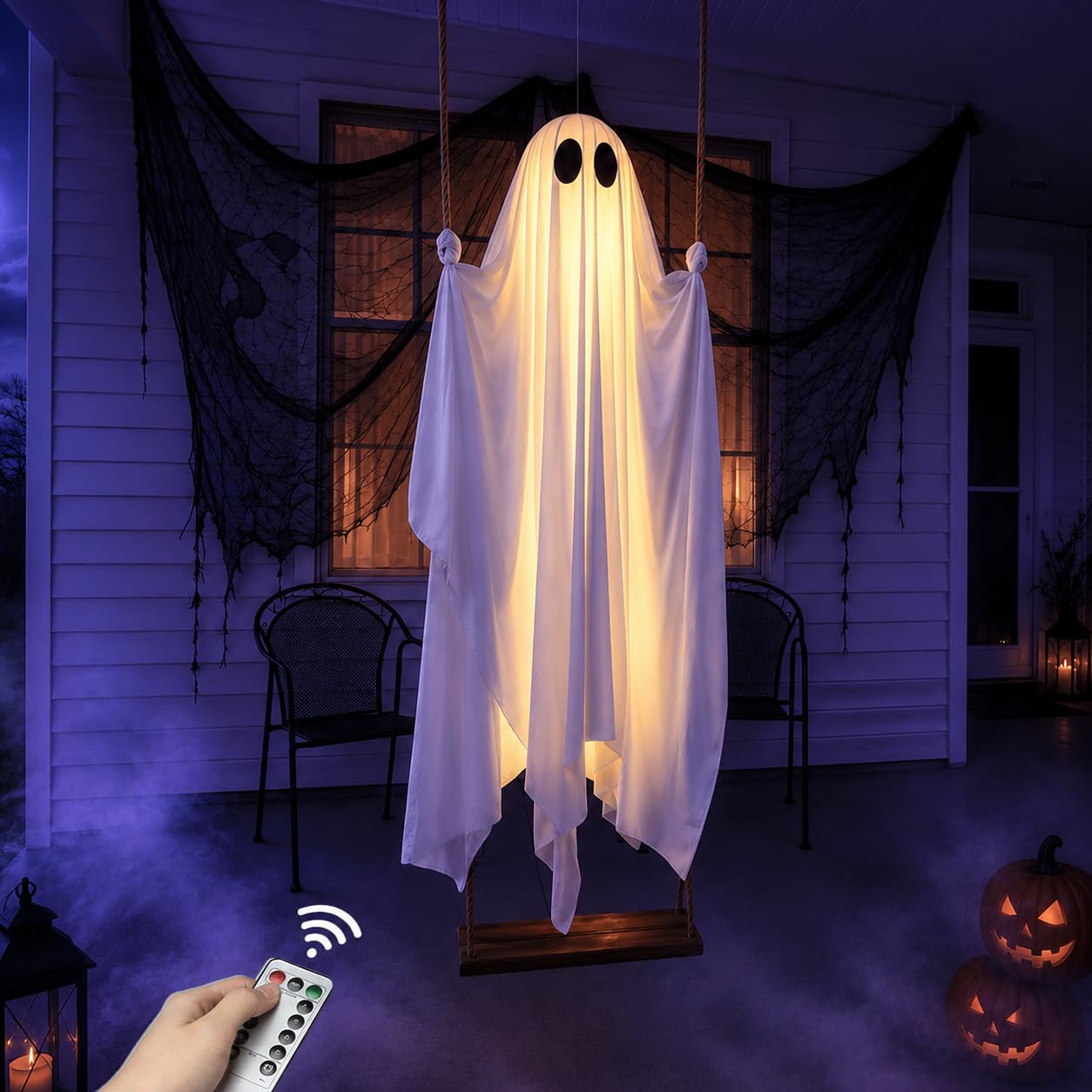 Halloween Decorations Outdoor - 5FT Large Hanging Swing Ghost with Remote Control String Lights & Upgraded Sheet, Scary Ghost Halloween Party Decor Outside for Tree Porch Yard Garden Lawn