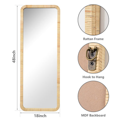 Gumcoly Rattan Mirror 18"x48" Rectangle Long Full Length Mirror Farmhouse Wicker Wooden Framed Full Body Floor Mirror Lean Against Wall for Bathroom Entryway Living Room Bedroom Fireplace Nature