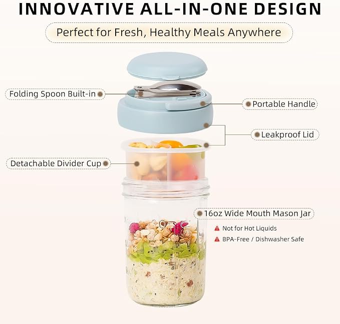 UWILLION Overnight Oats Containers with Handles, 16 oz Glass Mason Jars with Lids, Folding Spoons & Topping Compartments, Yogurt Parfait Cups for Meal Prep, Chia Pudding, Breakfast to Go, 2 Pack