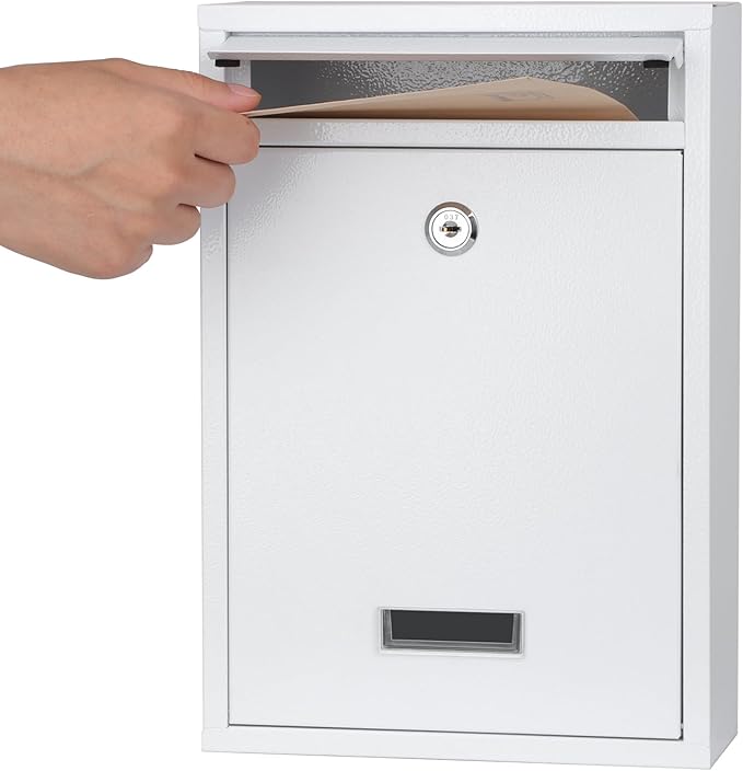 KYODOLED Locking Wall Mount Mailbox with Key Lock, White | Heavy-Duty Steel, Secure Drop Box for Letters, Cash & Cards, Weather Resistant, Home, Office & Apartment Use