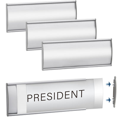 Plecterco 4 Pcs Office Door Signs - 8" x 3" Curved Name Plate Holders for Office, Wall-Mount Door Signs with Plastic Film and Adhesive Tape (Silver) (4, Silver)