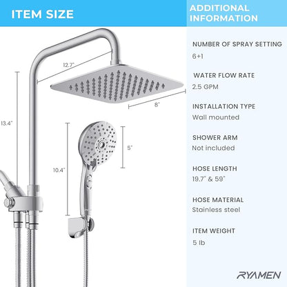 Ryamen Dual Shower Head Combo, 8'' High Pressure Rain Shower Head with Handheld Spray, 6+1 Spray Settings Handheld Showerhead, Height Adjustable, One-touch Pause Button, Chrome Polished
