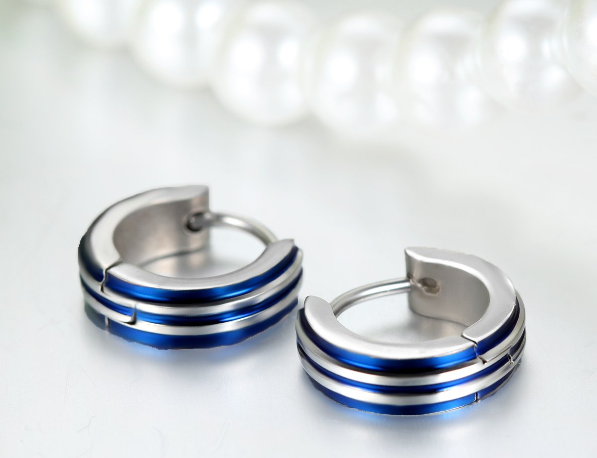 JewelryWe Jewellery Men's Stainless Steel Hoop Earrings Stud Earrings Blue Black Gold Silver