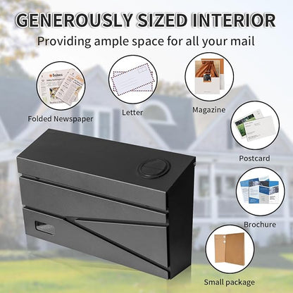 Ydocabinit Wall Mount Mailbox, Large Capacity Mailbox for House, Visibility Galvanized Steel Rust-Proof Metal Post Box Drop, Mailboxes for Outside, 15.74"×9.84"×4.33" Solar Lanterns Black