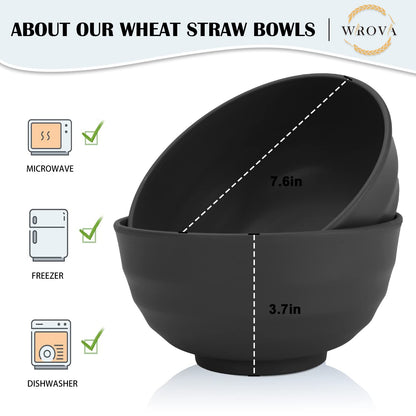 Wrova Wheat Straw Bowls Set 60 OZ Unbreakable Large Cereal Bowls Set of 6 Microwave and Dishwasher Safe Bowls Big Bowls for Camping and Picnic BPA Free Soup Bowl for Serving Oatmeal and Salad. Black