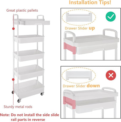 Calmootey 5-Tier Rolling Utility Cart with Drawer,Multifunctional Storage Organizer with Plastic Shelf & Metal Wheels,Storage Cart for Kitchen,Bathroom,Living Room,Office,White
