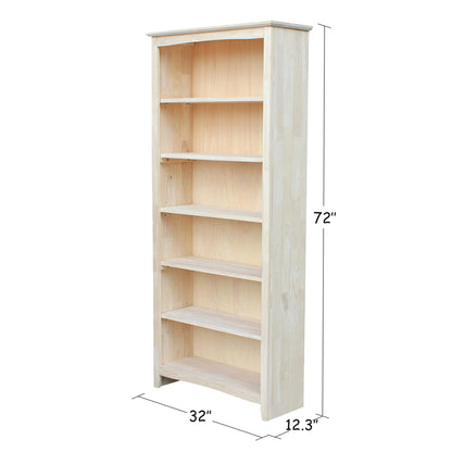 International Concepts Shaker Bookcase 72-Inch Tall, Solid Parawood, 5-Shelf Adjustable Storage Bookshelf for Living Room/Office, Unfinished Furniture