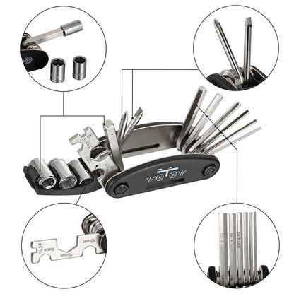 WOTOW Bike Repair Tool Kit, 16 in 1 Bicycle Multitool with Tire Levers Hex Spoke Wrench, Multi Function Accessories Set for Road Mountain Bikes