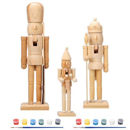 Vercraft 3 Set Unfinished Nutcracker Wooden Unpainted Nutcrackers Christmas Plain Paint Your Own Nutcracker Figurines Craft Kit Ornaments with Paint and Brush for Xmas Holiday Decoration