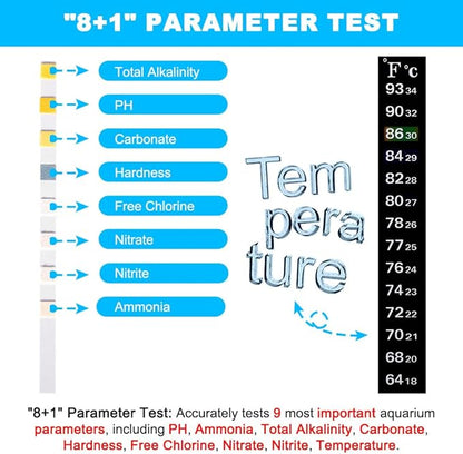 DaToo 8 in 1 Aquarium Test Kit Fish Tank Test Strips Accurate Water Quality Testing Strips for Ammonia PH Total Alkalinity Carbonate Hardness Free Chlorine Nitrate Nitrite Temperature (50 Strips)