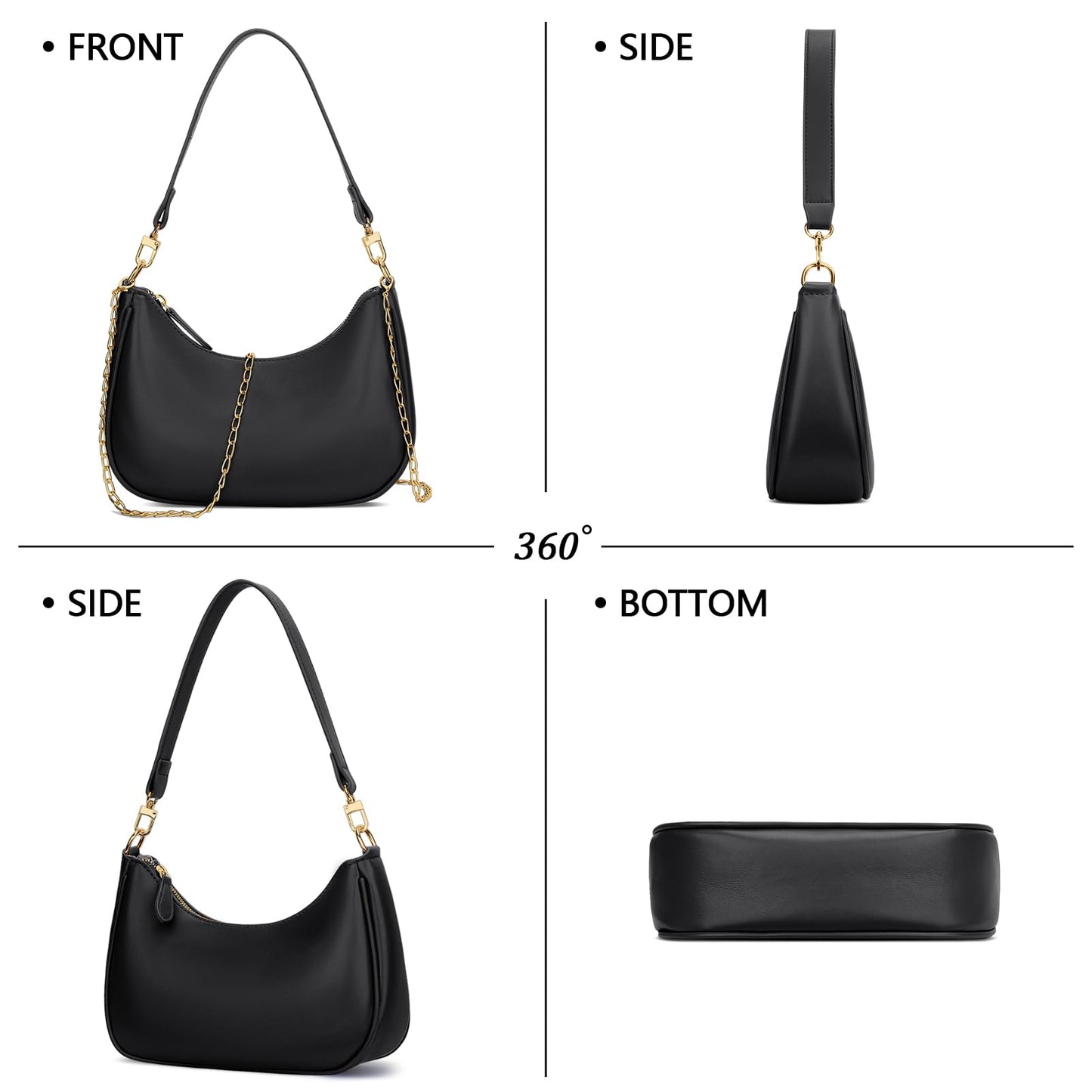 KKXIU Shoulder Bag for Women Cute Hobo and Tote Handbags Retro Clutch Underarm Purse with 2 Removable Straps (Black)