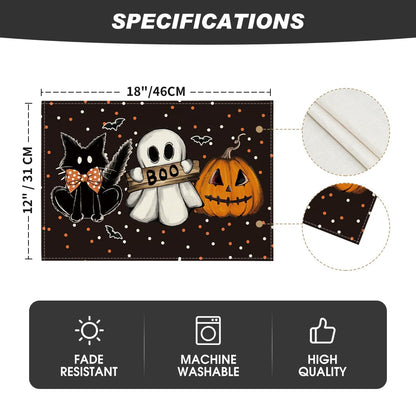 Artoid Mode Polka Dot Ghost Pumpkin Cat Boo Halloween Placemats Set of 6, 12x18 Inch Seasonal Fall Table Mats for Party Kitchen Dining Decoration