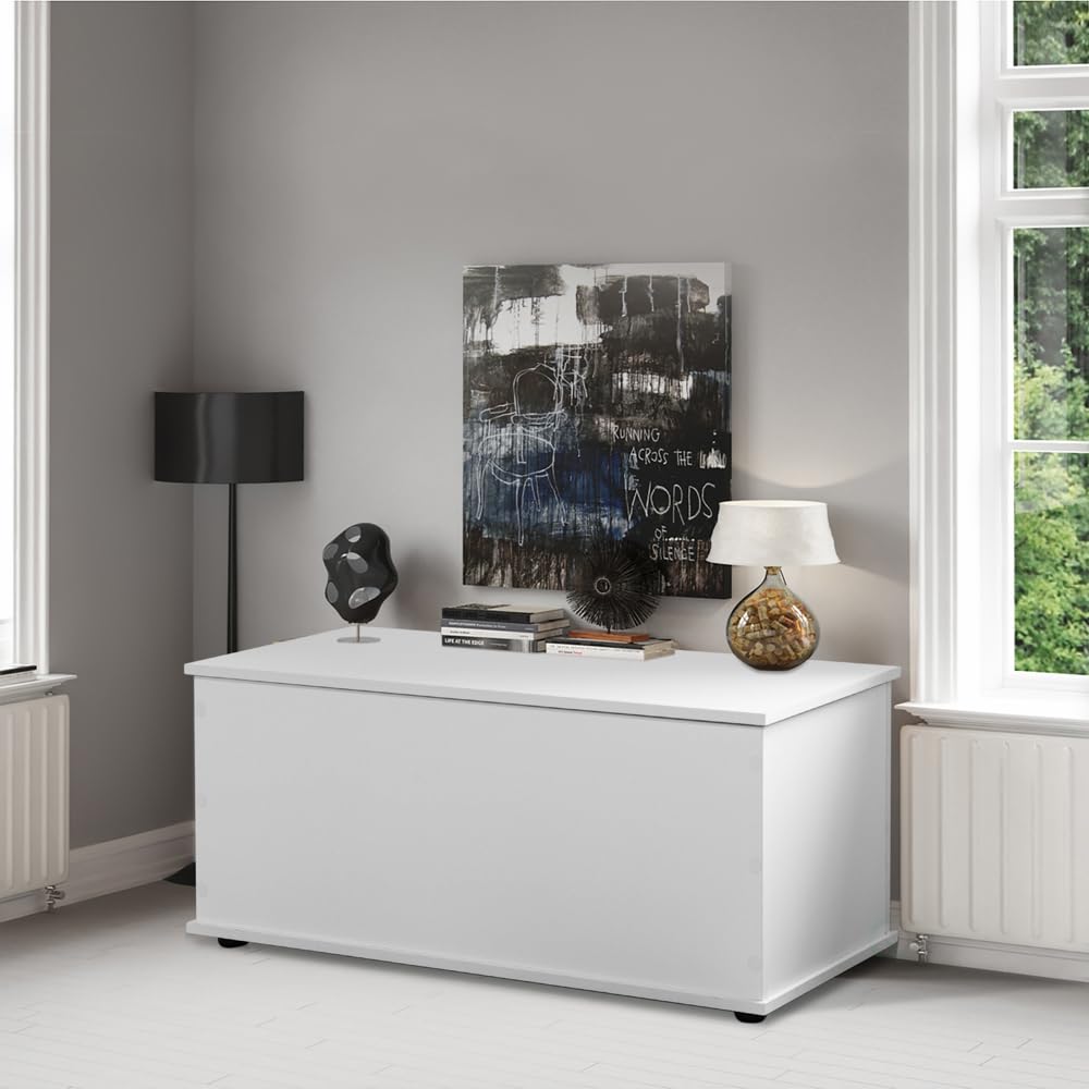 Basicwise Multi Purpose White Wooden Storage Box, Organizer and Bench Perfect Furniture to Add Accent in Entryway and Keep Shoes, Bedroom Bench, Playroom Storage or Window Table in Your Living Room