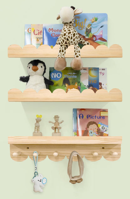 icnjdMopclean Nursery Shelves for Wall with Hooks-Scalloped Wall Book Shelves for Bedroom Kids Set of 3, Nursery Furniture Must Have, 16 Inch, Natural
