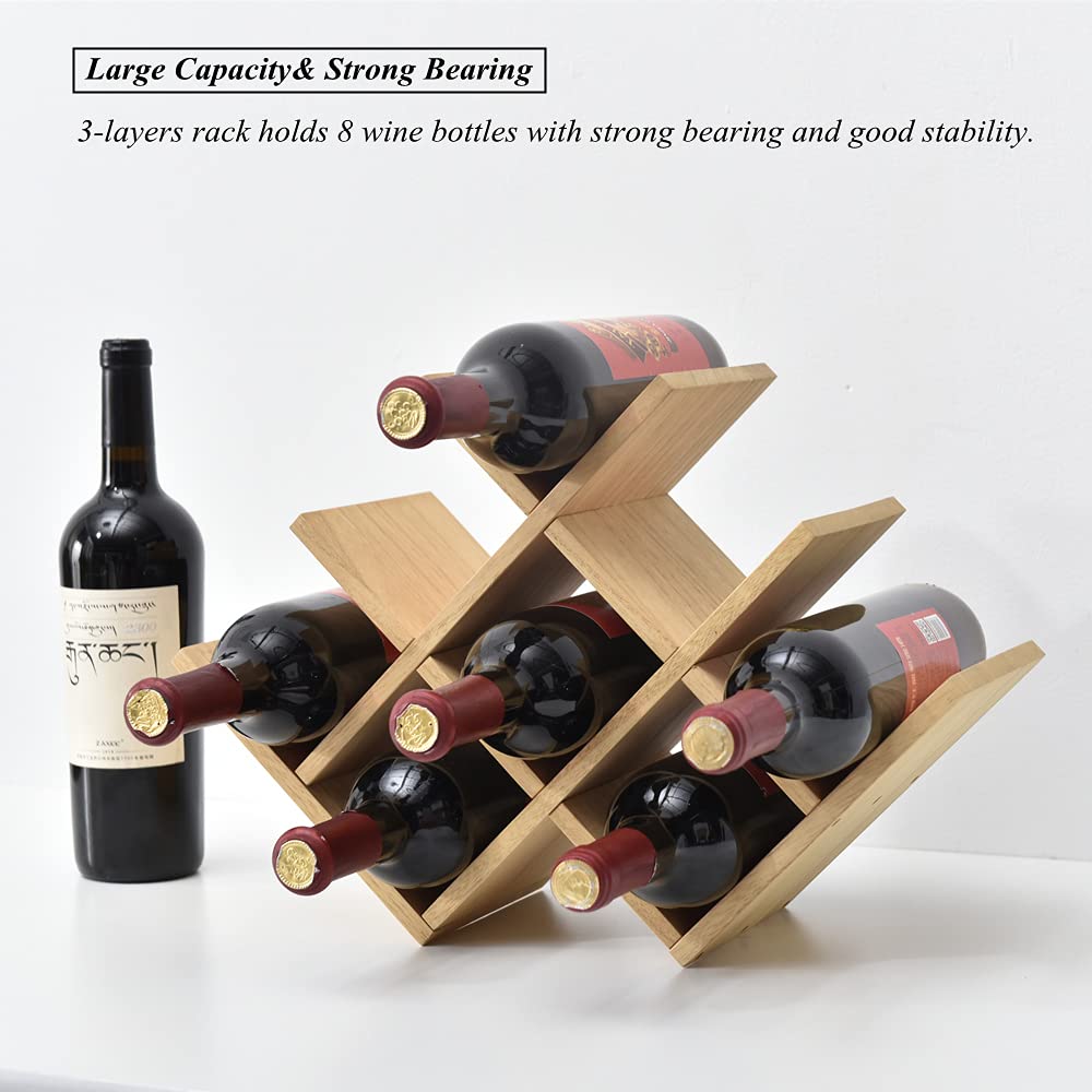 KIRIGEN Wooden 8-Bottle Wine Rack, 3-Tier Countertop Wine Bottle Holder for Cabinets, Bar Cart, Kitchen Counter, Pantry, Dining Room, Wood Stain, 16.73 x 5.91 x 11.14 in, XHJJ3-NA