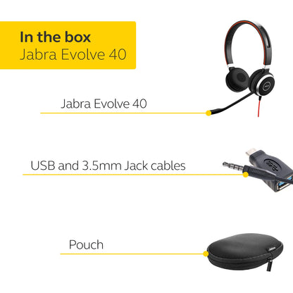 Jabra Evolve 40 Professional Wired Headset, Stereo, UC-Optimized – Telephone Headset for Greater Productivity, Superior Sound for Calls and Music, 3.5mm Jack/USB Connection, All-Day Comfort Design