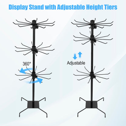 COMNICO Rotating Jewelry Display Stand with 200 Pcs Bracelet Display Cards, 3 Tier Metal Adjustable Jewelry Displays Rack with Hooks for Necklace Earrings Key Rings Hats Socks