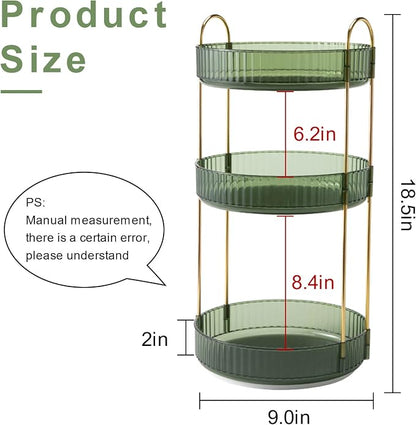 INVSSENE 360° Rotating Makeup Organizer, Bathroom Make Up Spinning Holder Rack, Large Capacity Cosmetics Storage Vanity Shelf Countertop, Fits Cosmetics, Perfume, Skincare(3 Tiers, Green)