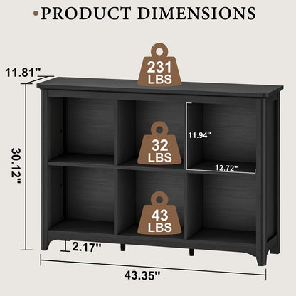 BON AUGURE 6 Cube Storage Organizer Bookcase, Horizontal Bookshelf with Curved Edge, Floor Standing Low Wooden Book Shelf for Living Room, Office -Black Oak, 43"