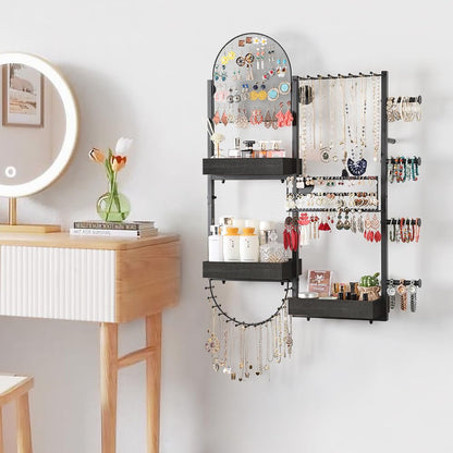 Keebofly Wall Mount Hanging Jewelry Organizer - Large Display Holder for Earrings, Rings, Necklaces, Bracelets, Watches and Perfume - Black