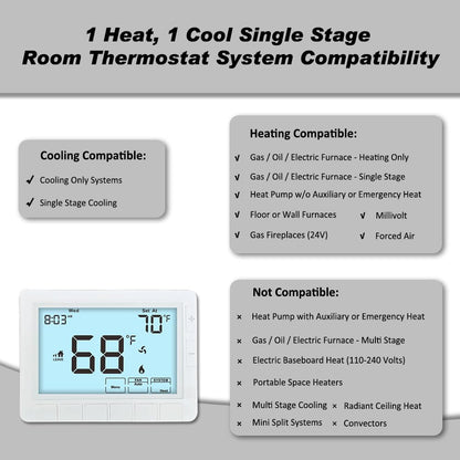 Programmable Auto Changeover Thermostat for House, Conventional Single-Stage Systems,1 Heat/1 Cool, Extra Large Display, Smart Auto Switching, White Backlight