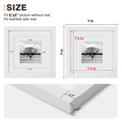 Egofine 8x8 Picture Frames 4 PCS - Made of Solid Wood Covered by Plexiglass for Table Top Display and Wall Mounting Photo Frame for Pictures 4x4/6x6 with Mat White