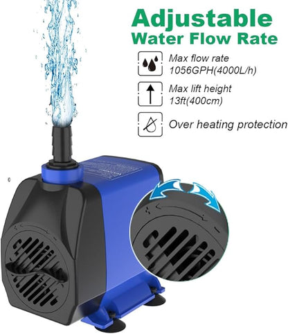 Knifel Submersible Pump 1056GPH (4000L/H 85W) Ultra Quiet with Over Heating Protection 9.8ft Power Cord for Fountains, Hydroponics, Ponds, Aquariums & More…
