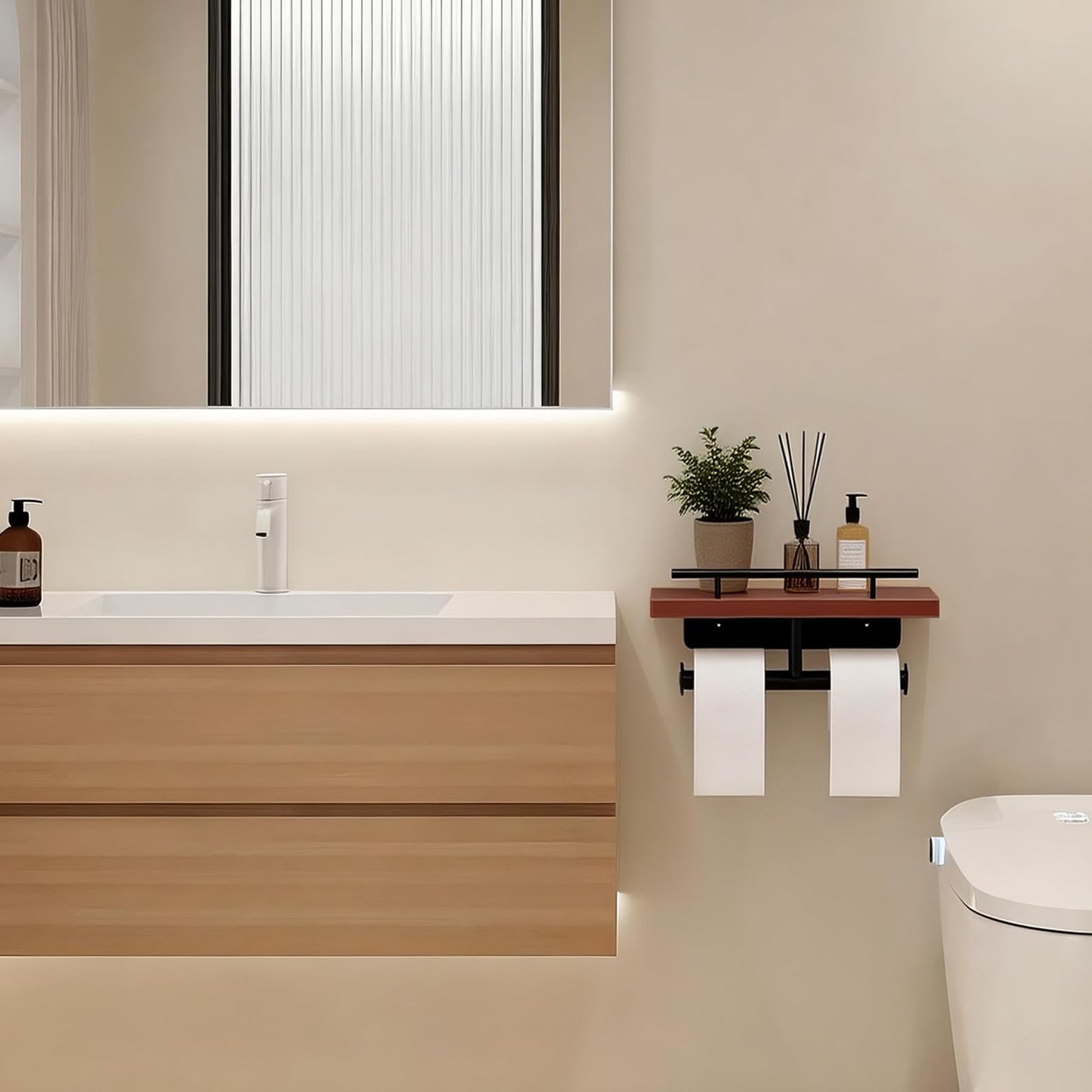 Toilet Paper Holder with Wood Shelf, Wall Mount Toilet Paper Roll Holder with Wooden Shelf and Matte Black Stainless Steel Pipe, Tissue Roll Holder for Bathroom Washroom (Dark Brown, 13.8'' x 5.9'')