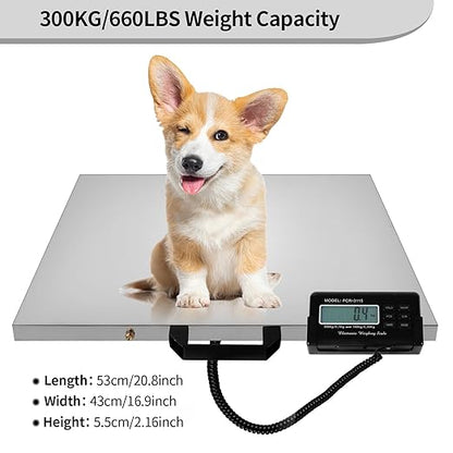 Digital Livestock Scale 660Lbs x 0.2Lbs,21'' x 17'' Veterinary Scale Pet Vet Scale Stainless Steel Platform Animal Scale,Electronic Postal Scale, Industrial Floor Scale