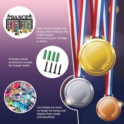 SUPERDANT Dance Medal Hanger Display Dancer Sports Medal Holder Dance Award Metal Medal Organizer Ribbon Rack Wall Mounted Race 6 Rows 24 Hangers Non-Slip Hooks for Athletes Dancer Gifts for Kids