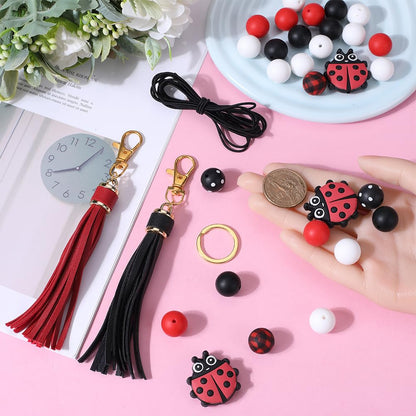 SUNNYCLUE Ladybug Silicone Beads Keychain Making Kit Ladybird Silicone Focal Beads Insect 15mm Round Black Red Beads Bulk PU Leather Tassels Key Chain Split Rings for Key Chains Making Supplies