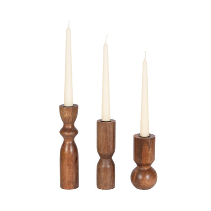 Kate and Laurel Pico Modern Three-Piece Mango Wood Taper Candle Holder Set, Set of 3, Walnut Brown, Transitional Wooden Candlestick Holders for Dining Table or Fireplace Mantel Display