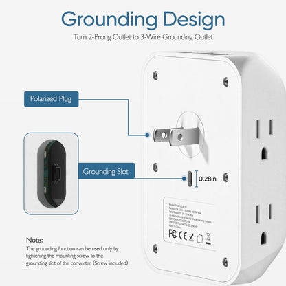 LENCENT 2 Prong Power Strip, 3 to 2 Prong Grounding Outlet Adapter 6 Outlet 1 Type C&2 USB 3.4A, Polarized Plug, 1728J Surge Protector, 3-Sided Wide Spaced Extender,Wall Mount for Non-Grounded Outlet