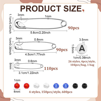 PH PandaHall 994pcs DIY Beaded Safety Pin Kit, 5 Colors Independence Day Patriotic Glass Beads 4mm Faceted Crystal Beads Letter Beads with 290pcs Safety Pin Brooches for Pants Jackets Hats DIY Crafts