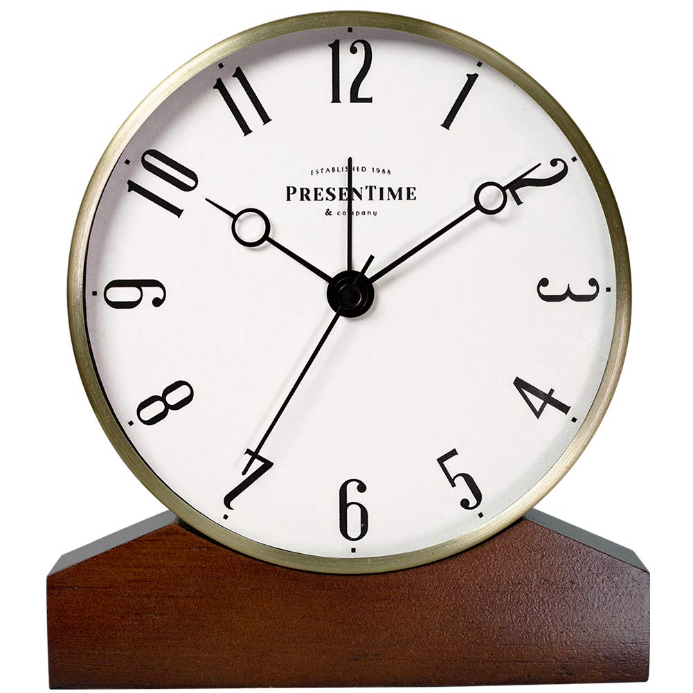 Presentime & Co Mozart Mantel Alarm Clock, Desk and Shelf Clock, Tabletop Decoration, 6 x 5.5 inch, Silent no Ticking, Wooden Base, Walnut Finish, Golden Color, Arabic Numeral