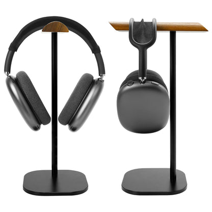 GEVO Headphone Stand for Desk, Walnut Wood & Aluminum Headset Stand, Universal Walnut Gaming Headset Holder with Solid Heavy Base for AirPod Max, Bose, Sony All Headphone Sizes (Square Base)