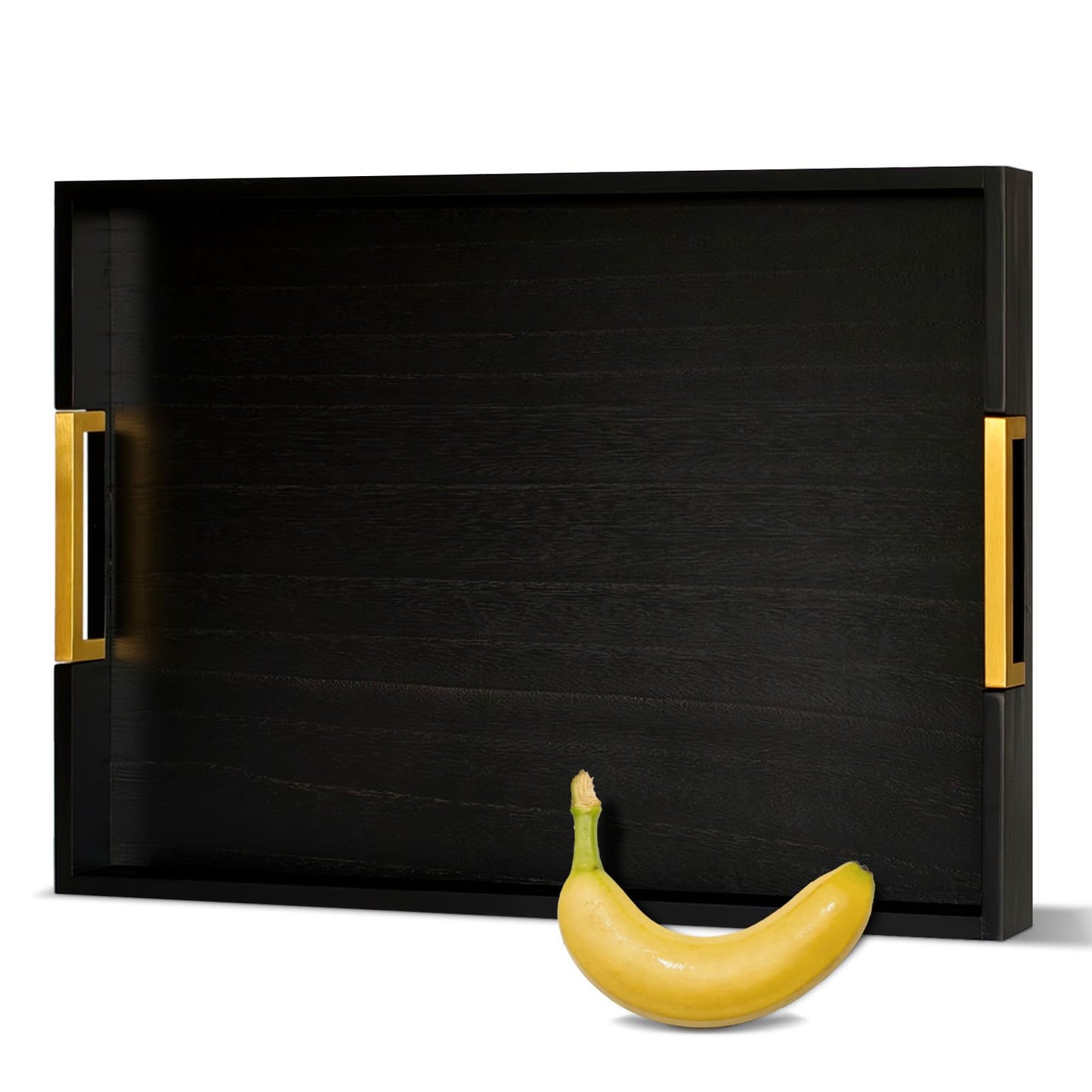 OurMiao 22" x 15.75" Black Wooden Serving Tray with Golden Metal Handles, Large Rectangular Wood Ottoman Tray for Living Room, Coffee Station, Ottoman Table