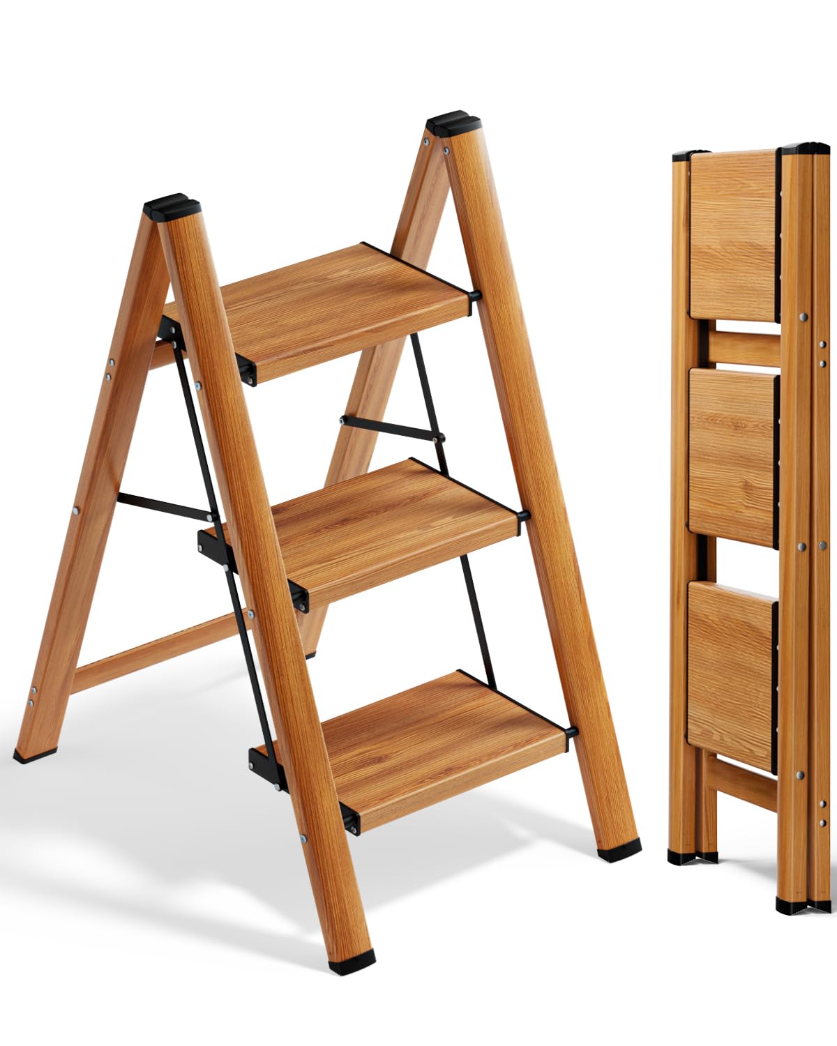 SOLADDER 3 Step Ladder, Folding Aluminum 3 Step Stool with Anti-Slip Wide Sturdy Pedal, Multi-Use for Home and Kitchen, Space Saving-Woodgrain(300 lbs Capacity)