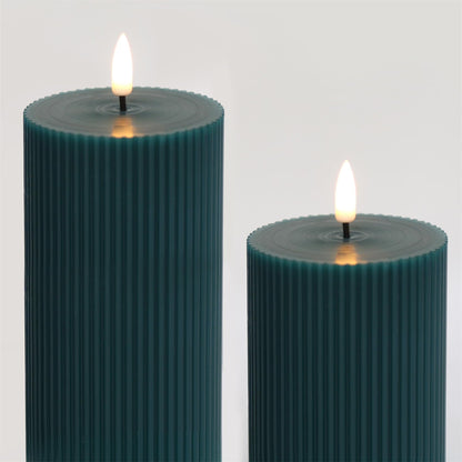 Girimax Green Ribbed Flameless Pillar Candles with Remote, 2 Pack Flickering Battery Operated LED Wax Candles Φ 3" H 4" 6"