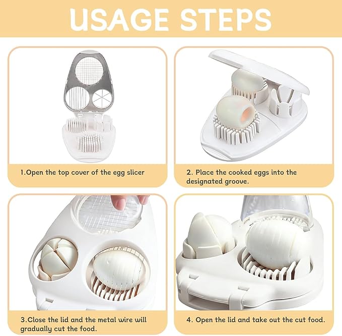 3-in-1 Egg Slicer for Hard Boiled Eggs, Stainless Steel Wire Egg Cutter with ABS Frame, Multi-Functional Kitchen Gadget for Slicing Strawberries, Bananas, Mushrooms & Cheese(White)