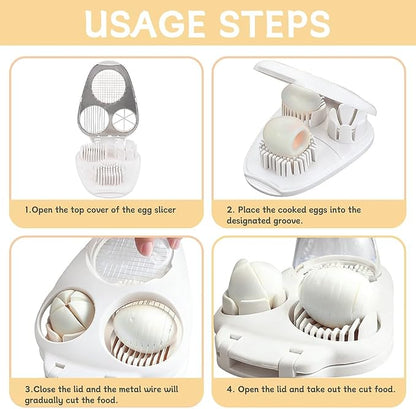 3-in-1 Egg Slicer for Hard Boiled Eggs, Multipurpose 3-Way Cutter with 3 Slice Modes, Heavy Duty Stainless Steel Chopper Tool for Strawberry, Mushroom, Grape, Cherry Tomato(COLOR:White)