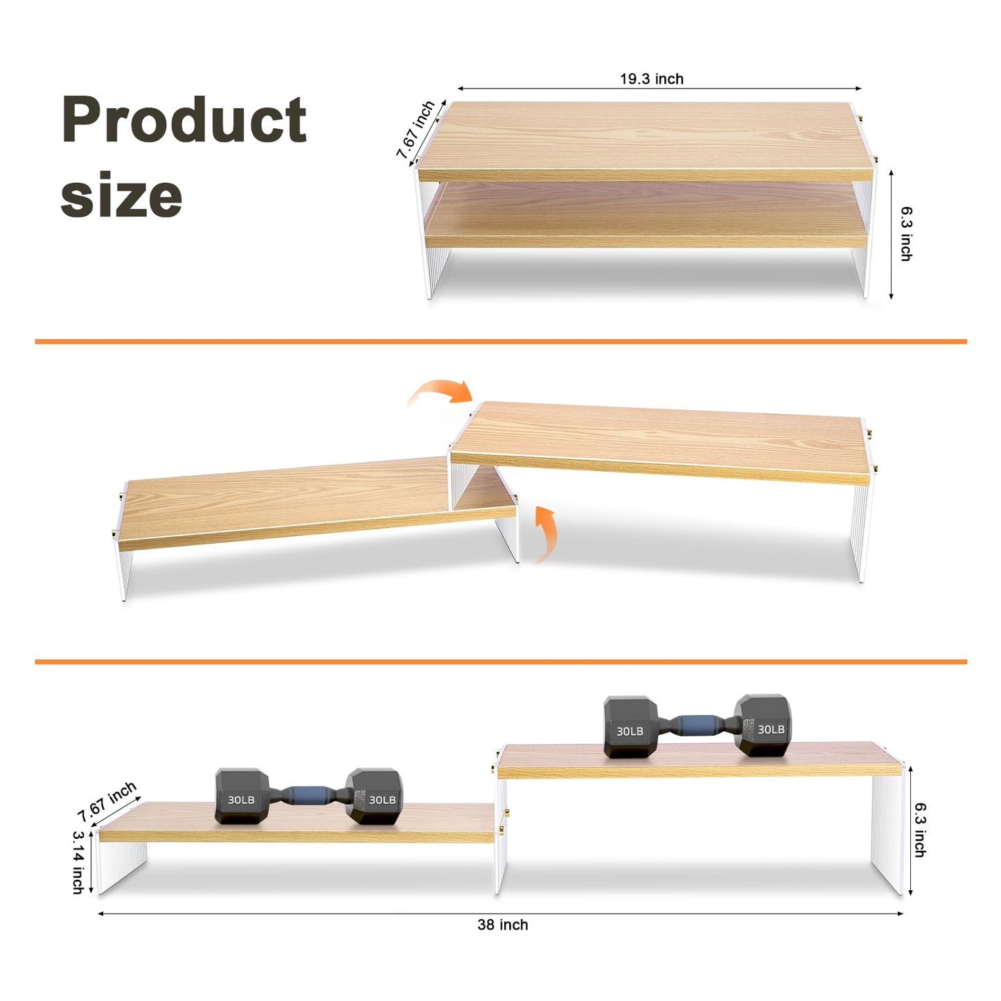 YGYQZ Adjustable Monitor Stand Riser with Acrylic Legs丨19.3" Length Dual Monitor Stand for Desk丨2-Tier Wood Desktop Organizer for Computer, Laptop, Printer & PC丨Modern Aesthetic Desk Shelf(wood-wavy)