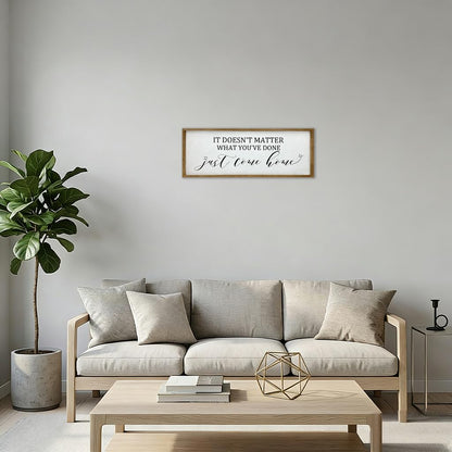 Sign Wall Decor Inspirational Quotes Wood Framed Kitchen Home Simple Hanging Wall Ar Decor Above Front Door Entryway, Family Love - 32'X12' (Just Come Home)