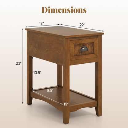 Giantex End Table with Drawer, Retro Narrow Side Table, Nightstand with Solid Wood & Storage Shelf, Bedside Table for Living Room Bedroom Small Space Home Office (1, Tawny)