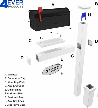 4Ever Products Vinyl Mailbox Post System - Includes Black Steel Mailbox and Custom Address Plate (White)