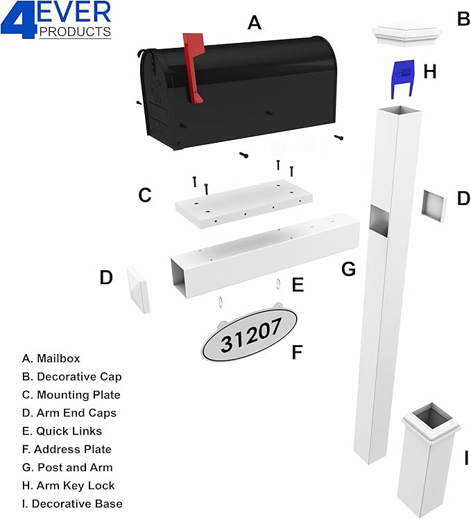 4Ever Products Vinyl Mailbox Post System - Includes Black Steel Mailbox and Custom Address Plate (Green)