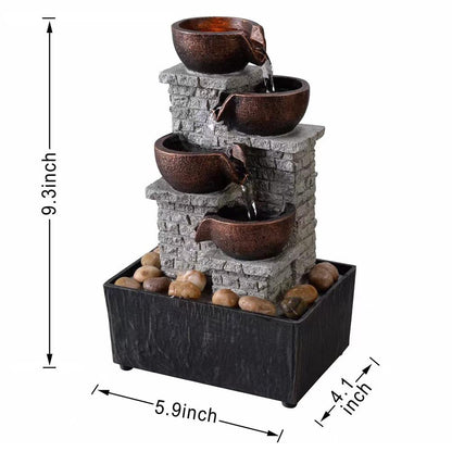 Kalona 4-Tier Indoor Waterfall Tabletop Fountain with LED Lights and Natural Rocks, Cascading Bowl Desk Fountain for Home and Office Decoration, Relaxing Water Feature (21132B)