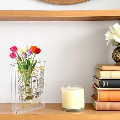 Moms Book Flower Vase Mothers Day Birthday Book Lover Gifts for Mom Mother from Daughter Son Coffee Chaos and Chapters Tired Moms Funny Acrylic Book Shaped Vase Decor for Home Office Table Vase 3804