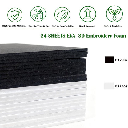 BLOSSIONA 24pcs 3mm Embroidery Foam Sheets for 3D Embroidery Arts and Crafts 9x6 Inch EVA Foam for Cosplay Costumes DIY Projects 3D Puff Foam Embroidery for Hats (Black&White)