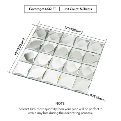 Lovdeco Peel and Stick 2" Mirror Glass Mosaic Tile 9 Faces Beveled Silver Crystal Mosaic Tile for Kitchen Backsplash, 12x10 Inch, 5 Sheets
